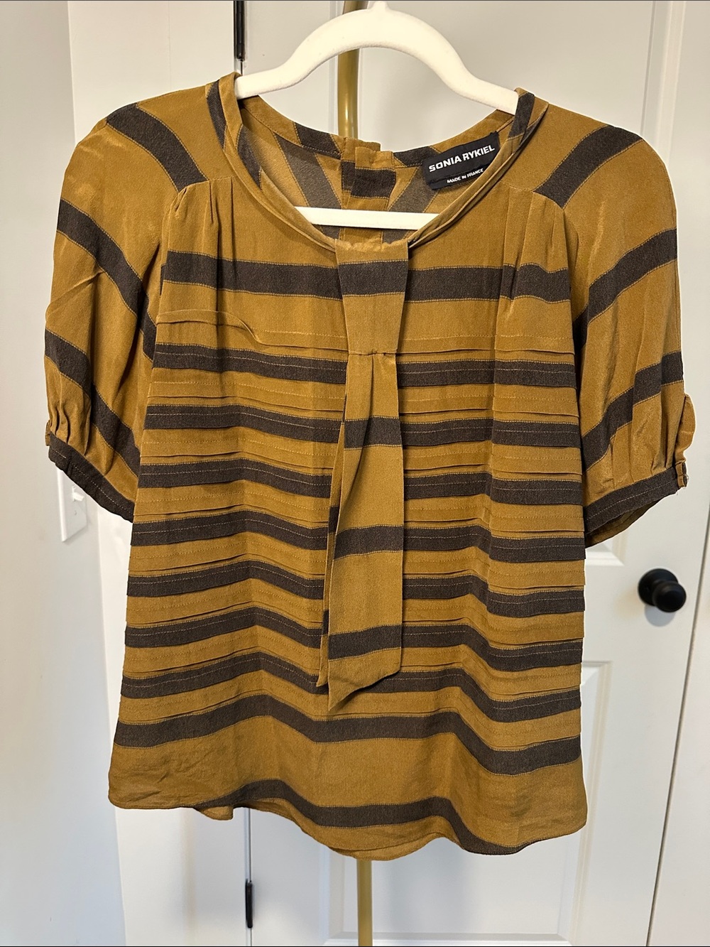 Sonia Rykiel Brown Striped Tie-Neck Blouse